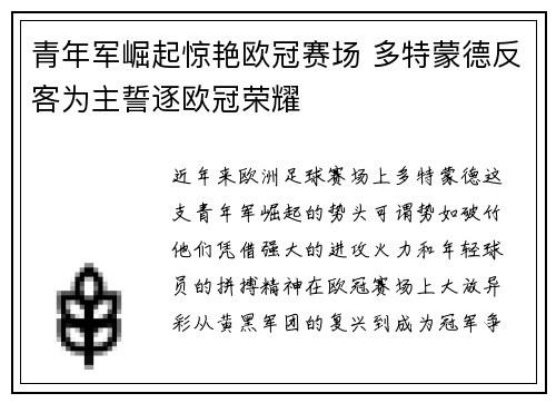 青年军崛起惊艳欧冠赛场 多特蒙德反客为主誓逐欧冠荣耀