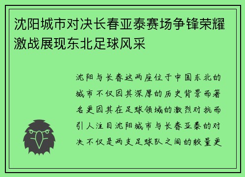 沈阳城市对决长春亚泰赛场争锋荣耀激战展现东北足球风采